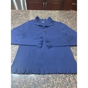 Margaret O'Leary Navy Blue Sweater Ruffle Hem and Neck Size L